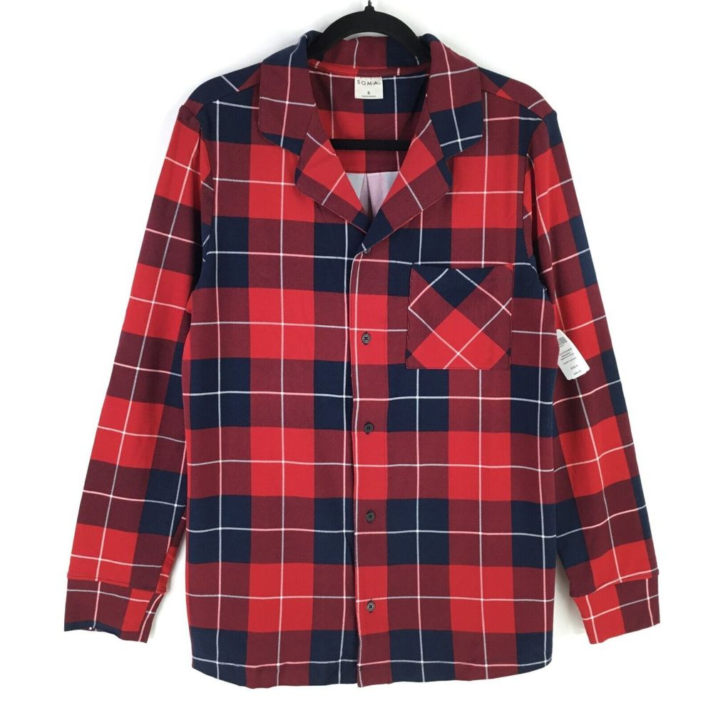 Soma Mens Blanket Plaid Navy Pajama Shirt Sz S Embraceable Notch Collar NEW